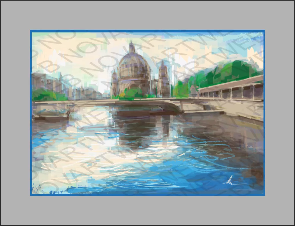 Bode Museum y el río Spree en un día soleado en Alemania. La pintura realista destaca la imponente cúpula del emblemático Bode Museum en Berlín, reflejándose majestuosamente en el río. La obra resalta la importancia del edificio y su presencia icónica en la ciudad alemana.