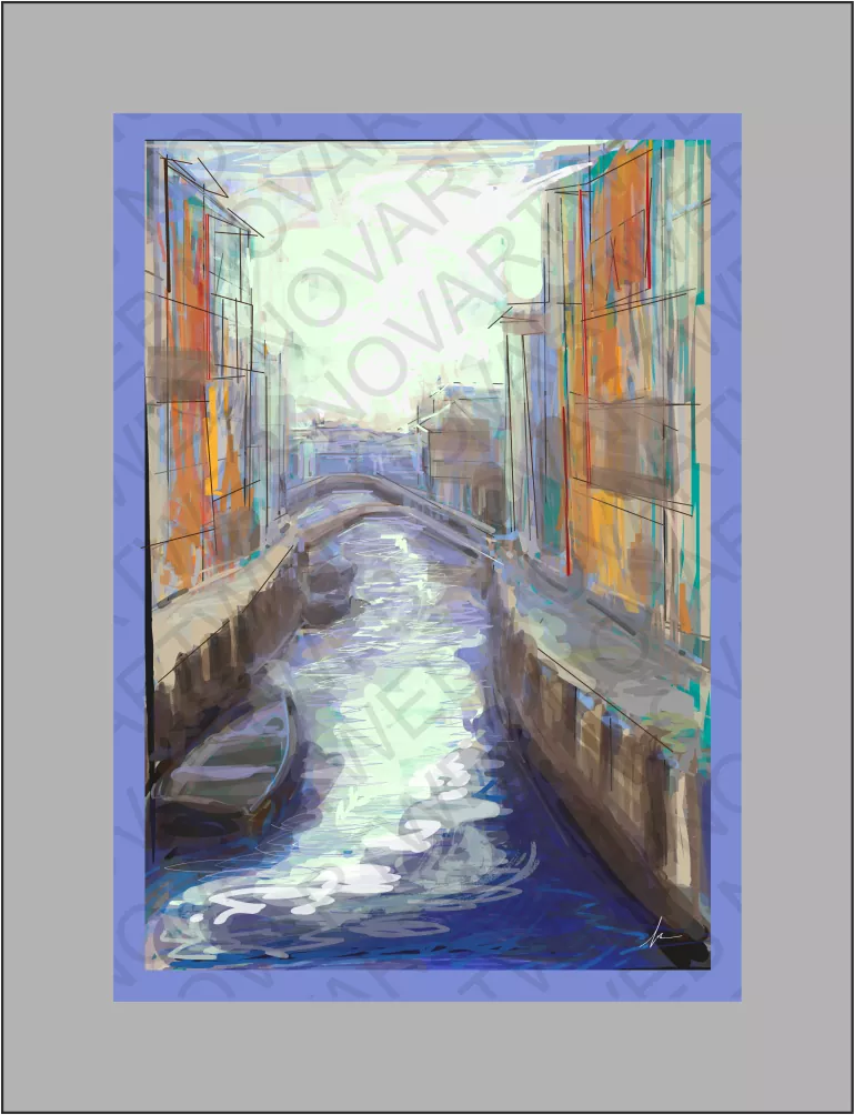 «CANALE DI VENEZIA» te transporta a un mundo de ensueño sobre las aguas de Venecia, Italia. La obra cautiva con el contraste de colores complementarios, azul y naranja, que evocan el movimiento de la barca y dirigen la atención hacia la lejanía y la luz del día.