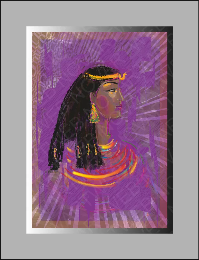 «CLEOPATRA» se destaca en el centro de la obra, su perfil como imagen simbólica de su reinado. Las joyas en tonos dorados resaltan contra un fondo transparente de color morado. La imagen celebra la elegancia de Cleopatra y rinde homenaje a su valentía, convirtiéndola en una de las mujeres más icónicas de la historia de Egipto.