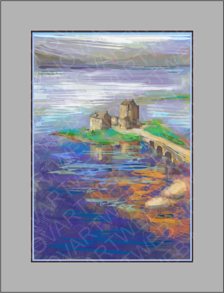  'EILEAN DONAN'. Esta obra capta la esencia de un lugar emblemático, donde el castillo se ve abrazado por la serenidad. Situado entre los lagos Duich y Alsh, el juego de colores en el agua transmite una calma única, llevándote a un rincón especial donde la historia y la naturaleza convergen en armonía.