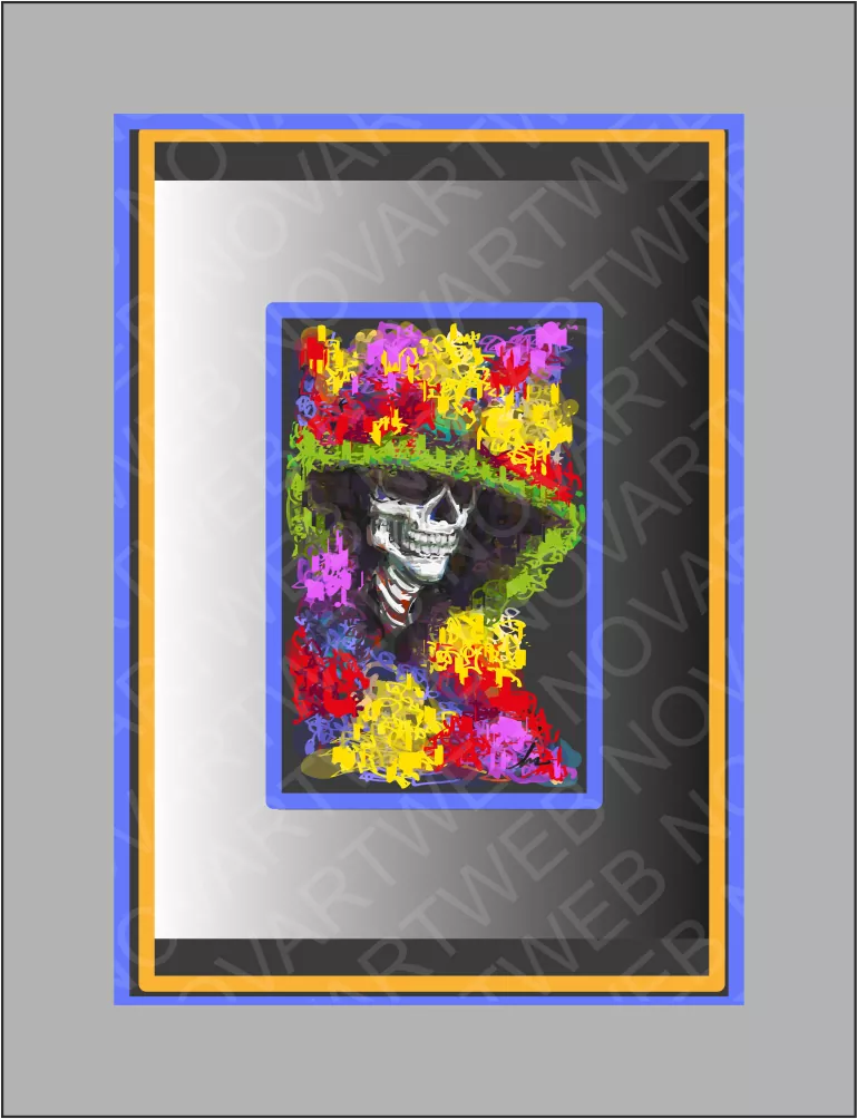 «ESENCIA FLORAL»: Celebrando la Vida a través de la Creatividad y el Color. Esta figura esquelética, con un sombrero adornado con flores de colores, cobra vida con una apariencia fascinante. A pesar de su aspecto inquietante, esta calavera es hermosa y cautivadora, especialmente en contraste con el fondo oscuro que la rodea.