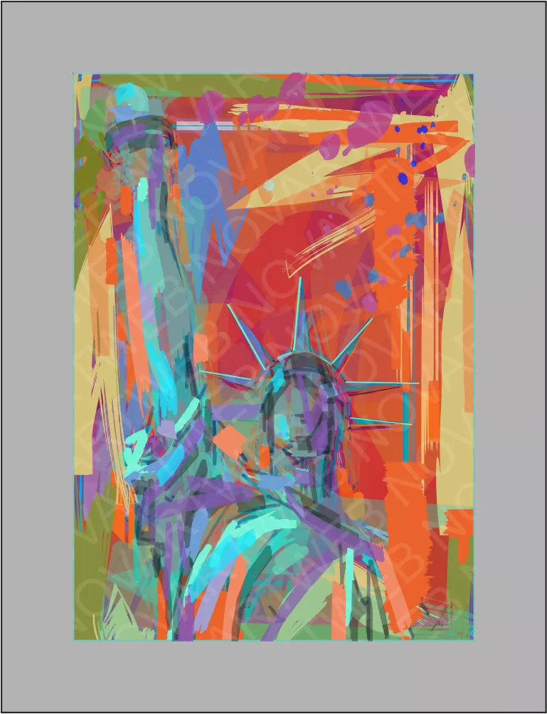  "FLUIDEZ PERSONAL" encapsula la fluidez creativa al centrarse en la parte superior de la Estatua de la Libertad, un ícono emblemático de Estados Unidos. Esta pieza artística desata una explosión de colores y formas abstractas, ofreciendo una reinterpretación personal de esta figura histórica y simbólica.