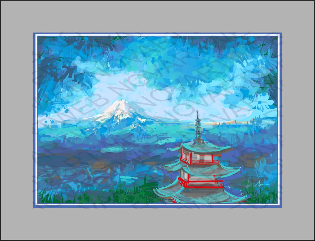 La majesté du mont "FUJI" se confond avec la spiritualité du temple au Japon. La composition vous invite à explorer la sérénité de la scène. Les traits libres et expressifs en rouge, bleu et turquoise restent dans la mémoire et le cœur de ceux qui contemplent l'image.