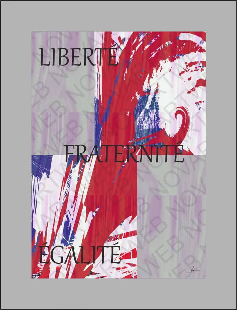 «IGUALDAD EN MOVIMIENTO» - Una obra abstracta que sigue el camino de «Ecos de Libertad», explorando la investigación y el crecimiento personal. La obra busca crear efectos nuevos, con cambios en la composición y en la textura de las palabras «Liberté, Fraternité, Égalité». La obra transmite un mensaje de igualdad, movimiento y progreso.