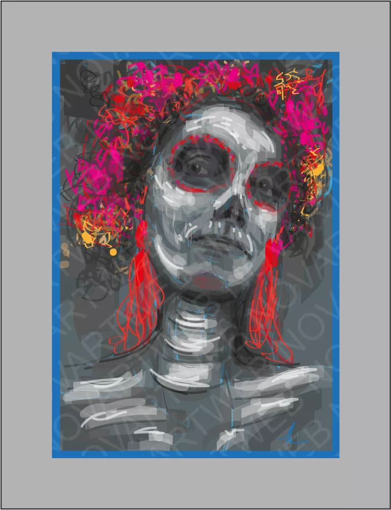 «INTENSA MIRADA»: Catrina en el Día de los Muertos. Esta cautivadora pintura nos sumerge en la emblemática figura del Día de los Muertos en México. La hermosa mujer, vestida como una Catrina, hipnotiza con su mirada profunda que atraviesa el lienzo. Los tonos rosados y rojos de los adornos del cabello realzan aún más su expresión, creando una atmósfera inquietante y evocadora. México.