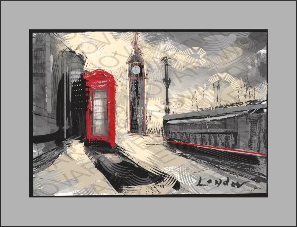 "TELEPHONE LONDON" Esta pintura que captura el espíritu de Londres. Tonos grises y una cabina telefónica roja brillante destacan en este paisaje urbano nostálgico. La obra transmite una sensación de soledad y belleza atractiva para el espectador. Reino Unido.