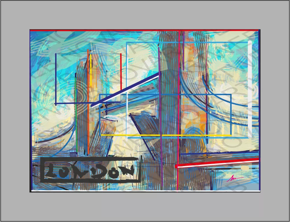 Pintura de «TOWER BRIDGE», estructura emblemática de Londres. Composición que evoca la energía de tonos cálidos de naranja y amarillo, mezclados con tonos fríos de azul y verde. Sensación de movimiento y fluidez, con capas de pintura superpuestas y mezcladas, creando un ritmo en la abstracción. Reino Unido.