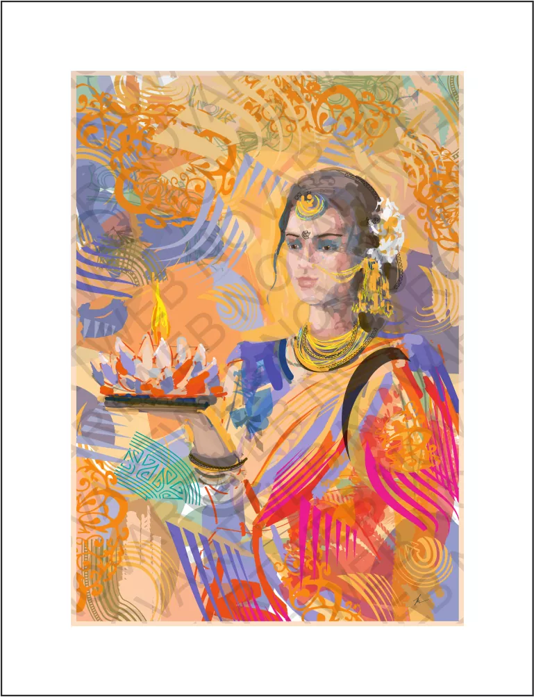 "OFRENDA DE LUZ" presenta a una mujer hindú sosteniendo una luz resplandeciente en un cuadro que emana una inspiración sagrada. Inspirada en Diwali, esta obra irradia triunfo sobre la oscuridad y renovación espiritual, fusionando colores vibrantes en un fondo abstracto que cautiva los sentidos.