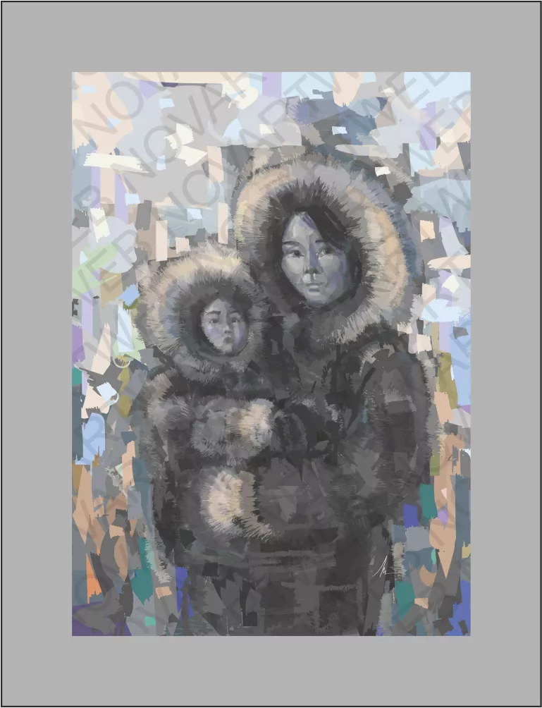 "DESAFIANDO EL FRÍO" retrata a una madre indígena inuit sosteniendo a su bebé, desafiando el frío del invierno canadiense. En el fondo abstracto se refleja la gélida atmósfera, mientras que las suaves formas y tonalidades transmiten la dureza de los inviernos que enfrentan.