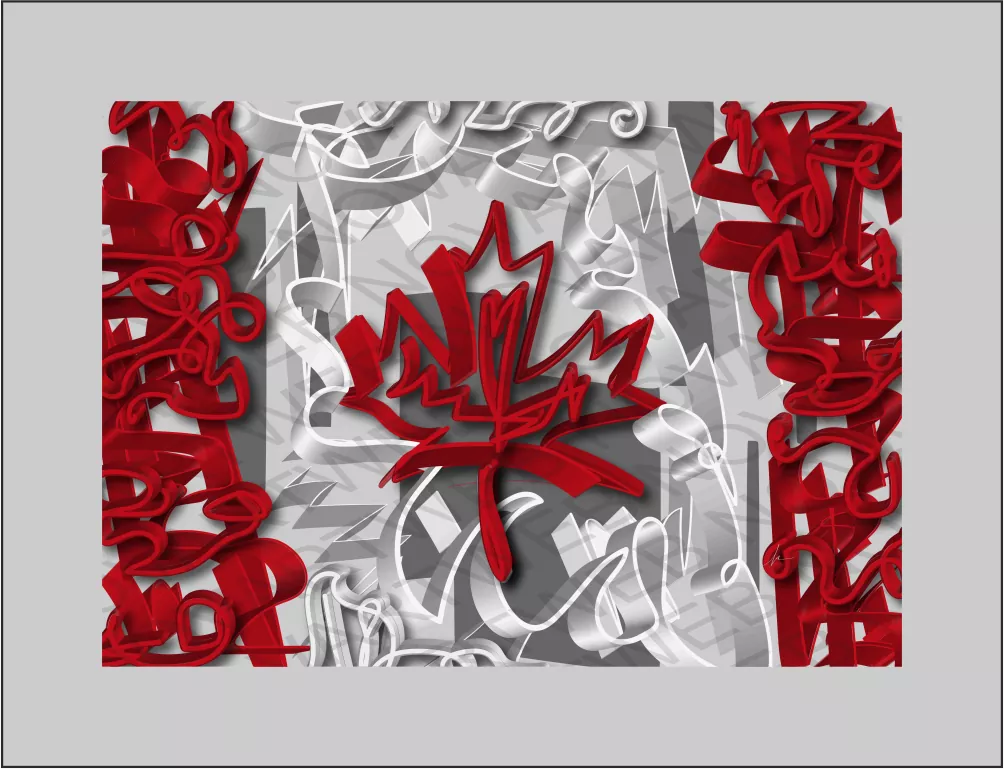 "IDENTIDAD" explora lo tridimensional con los colores de la bandera de Canadá, los cuales hablan a través del lenguaje visual, otorgando significado a la evolución. La composición, con su fondo gris, resalta la identidad distintiva de la bandera, mientras que los tonos blanco y rojo transmiten su esencia arraigada con fuerza.