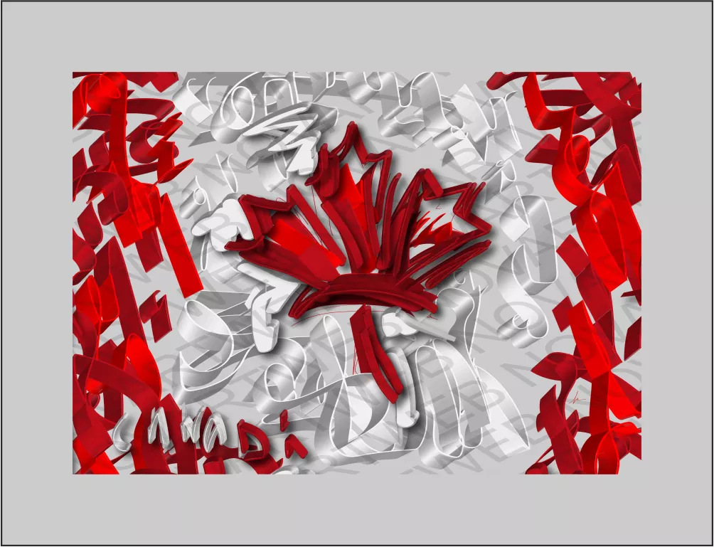 "TIERRA NATAL" es una interpretación única de la bandera de Canadá. El garabato tridimensional juega con tonos de rojo, creando una interacción elegante entre luz y sombra. La superposición cromática en las letras de "Canadá" añade complejidad, resaltando la diversidad de la identidad canadiense en esta obra original.