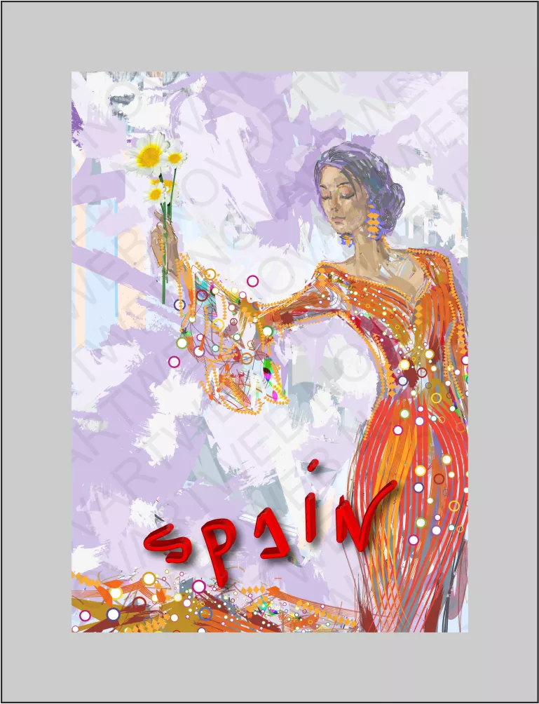 "GRACIA ESPAÑOLA" es una obra figurativa que lleva la esencia de España, destacando la palabra "Spain", mientras una andaluza contemporánea toma el protagonismo. Viste un elegante vestido de flamenca con cola, exhibiendo con gracia un ramo de flores. Su pose inspira la elegancia de un torero, fusionando los colores de la obra con un fondo abstracto que resalta su feminidad.