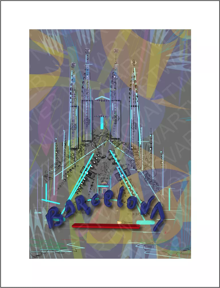 "LÍNEAS DE FE" simboliza la espiritualidad del estilo arquitectónico de Gaudí. Un fondo abstracto proyecta una atmósfera minimalista de la Sagrada Familia en España, mientras "Barcelona" sirve como entrada a esta basílica católica. La composición inspira devoción a través de su representación sagrada.