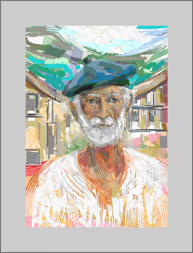 "ROSTRO CURTIDO" Retrata un hombre del norte de España con un rostro marcado por el paso del tiempo y las experiencias vividas en su tierra natal. Su expresión refleja la historia personal y las emociones acumuladas. Al fondo, dos casas antiguas testimonian las generaciones y la vida rural de la región.