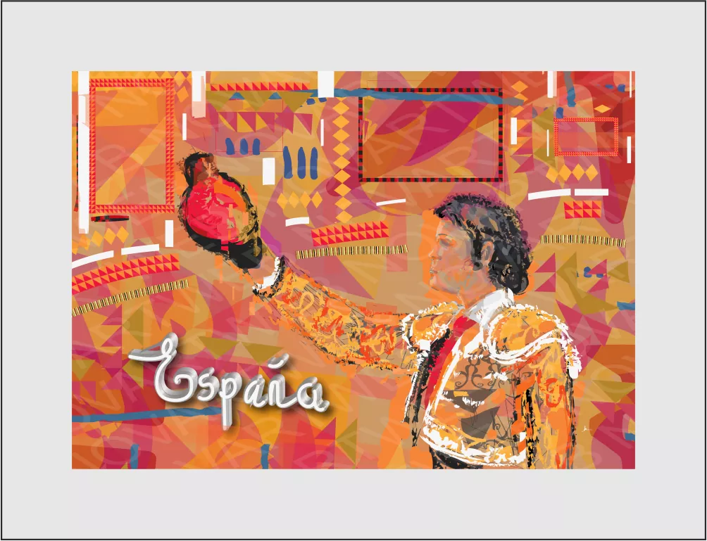 "OVACIÓN EN LA PLAZA" ilustra el momento triunfal de un torero con la montera en alto, su figura orgullosa frente a una grada abstracta que simboliza el clamor del público. La obra mezcla realismo figurativo y elementos abstractos, creando una tensión visual que captura la esencia de la tradición taurina en España y transforma la escena en un poderoso símbolo gráfico.