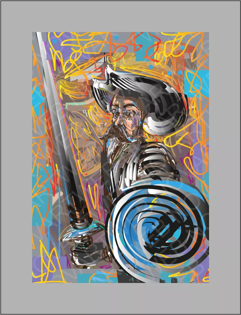 Pintura de Don Quijote en una búsqueda de ideales nobles y aventuras. La obra invita a reflexionar sobre la importancia espiritual, perseverancia y lealtad a nuestros ideales. La espiral en su escudo representa un constante camino espiritual a través de los altibajos de la vida. España.