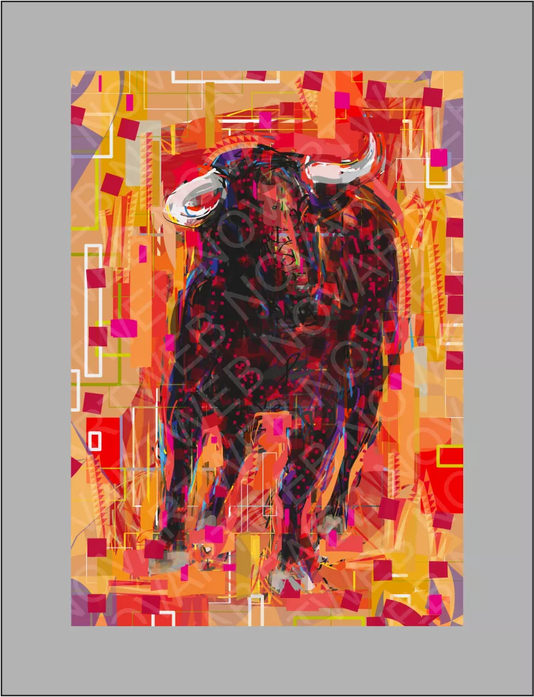 Pintura abstracta de un toro bravo con cuernos imponentes. Su mirada desafiante y postura transmiten fuerza y poderío en una abstracción de diversos colores. España.