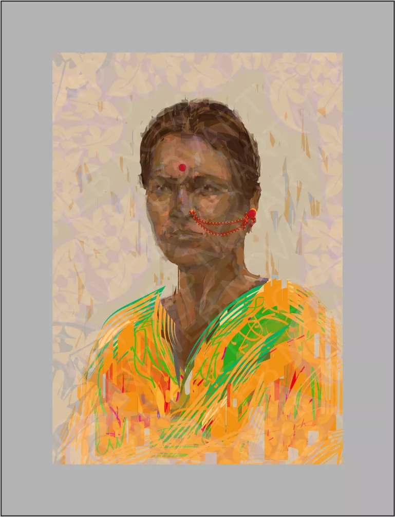 "BINDI": Retrato de Serenidad y Espiritualidad. Esta pintura digital nos muestra el retrato cautivador de una mujer india, cuya mirada profunda irradia una tranquilidad que llega al corazón. Su túnica, imbuida con un color comúnmente asociado con la espiritualidad, realza la presencia y la esencia de la obra.