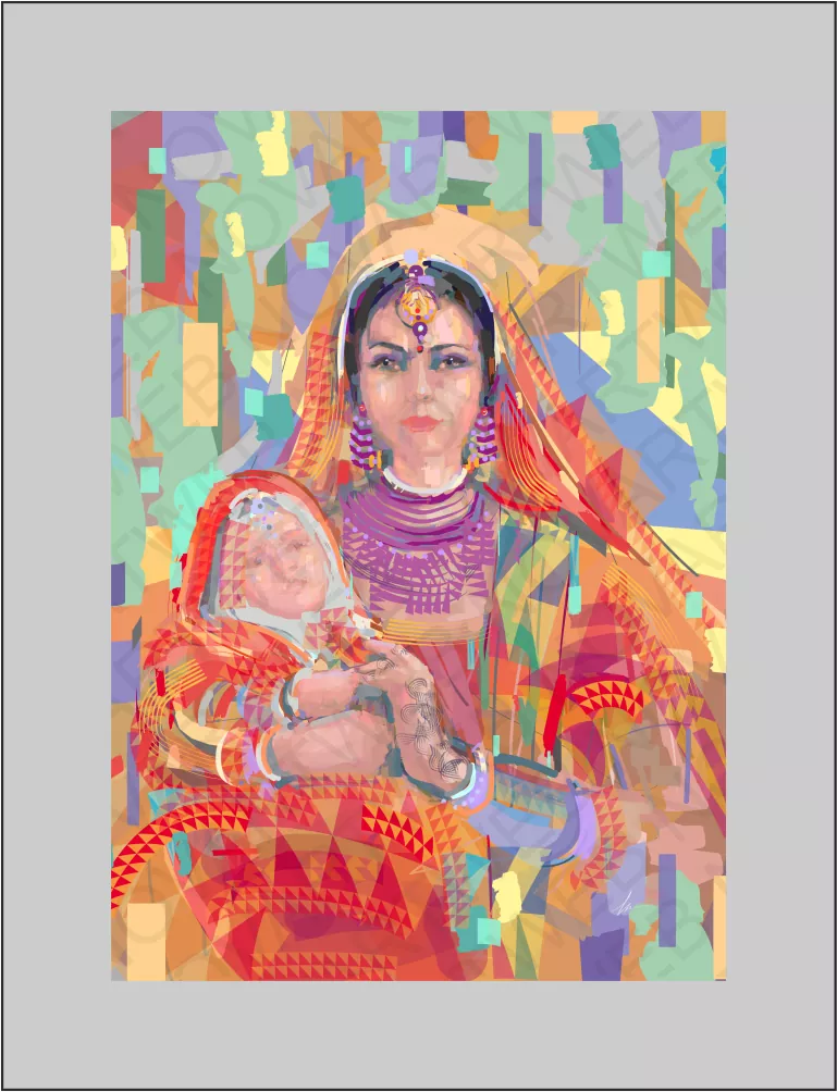 "VÍNCULO ETERNO" representa una obra figurativa que muestra a una madre e hija de la India, unidas en un vínculo eterno expresado a través de una rica paleta de colores y una conexión emocional y espiritual palpable.