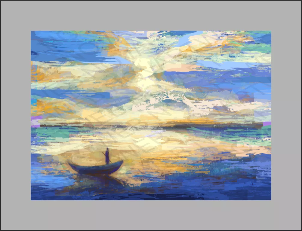 "GANGES (2)": La Gracia y Belleza de un Río en Atardecer. En esta impresionante pintura digital, el río Ganges fluye con suave gracia y belleza mientras se desliza majestuosamente hacia el horizonte. El cielo se tiñe con tonos dorados, y las nubes se transforman con la brisa del atardecer, creando un escenario de ensueño.