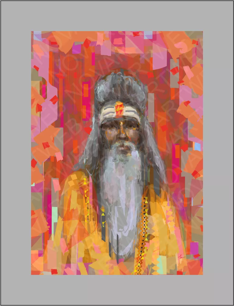 En esta impresionante pintura digital, se presenta a un «sadhu», un monje espiritual dedicado a la vida monástica en busca de la conexión con lo divino mediante la meditación y la oración. La obra nos transporta a un mundo de profunda sabiduría y experiencia, invitándonos a ver a través de los ojos del monje y a sentir su conexión íntima con el universo.