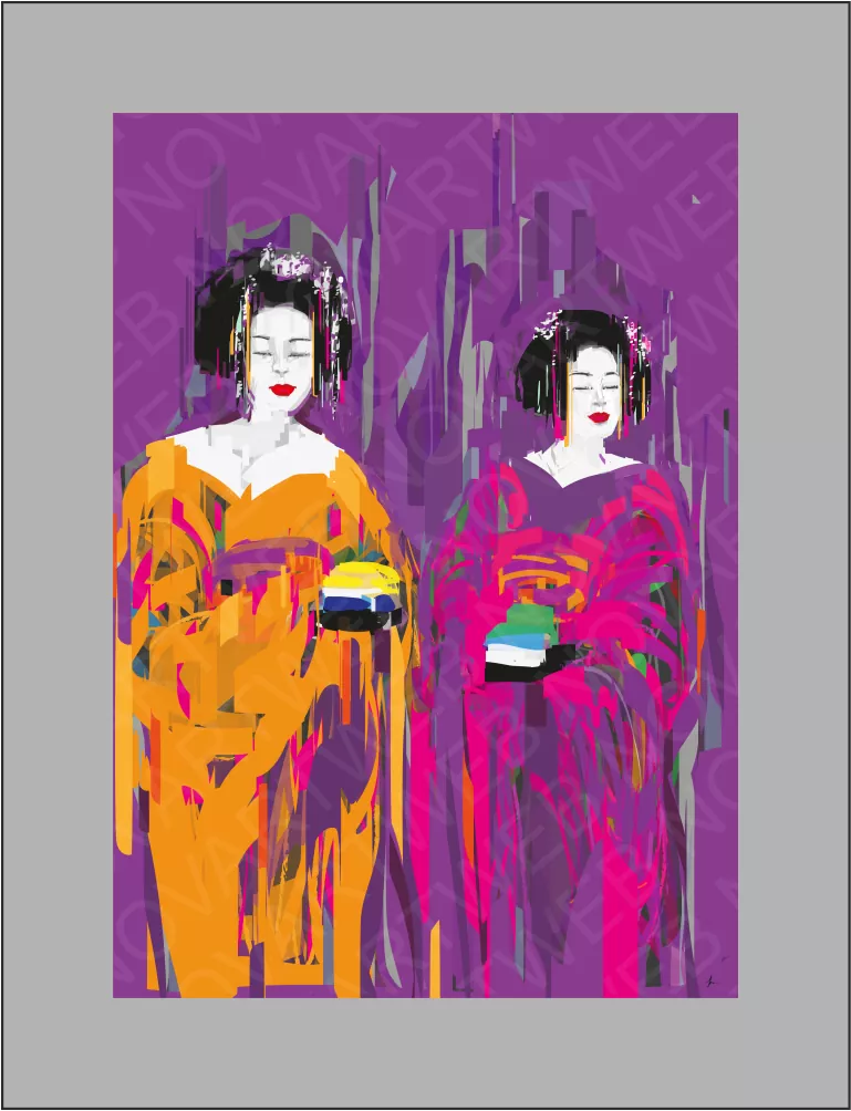 "CULTURE JAPONAISE" : Deux geishas vêtues de kimonos aux couleurs vives et de détails ornementaux typiques. Le mélange doux et subtil de tons jaunes, orange et violets crée une composition équilibrée et harmonieuse qui reflète la riche culture du Japon.