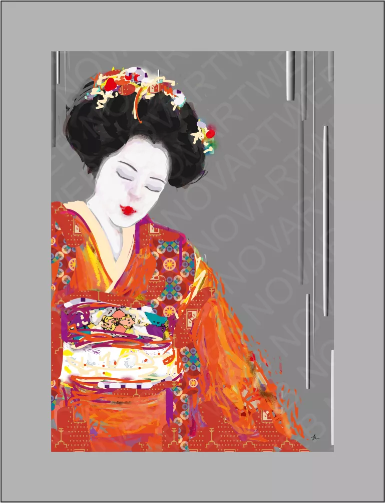 "MAIKO" : Splendeur d'une apprentie geisha au Japon. L'œuvre capture la beauté et la grâce de la maiko, posant élégamment dans un kimono traditionnel. La technique numérique utilisée crée un style distinctif, rendant hommage à la beauté et au mystère de la maiko.