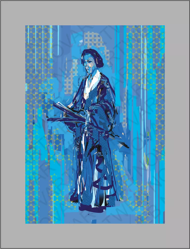 «MONTSUKI»: Representación de una prenda tradicional japonesa. La pintura muestra una gama de tonos azules que crean una transición cromática desde un azul profundo y saturado hasta un azul delicado y tenue, logrando un efecto de profundidad y una sensación de calma.