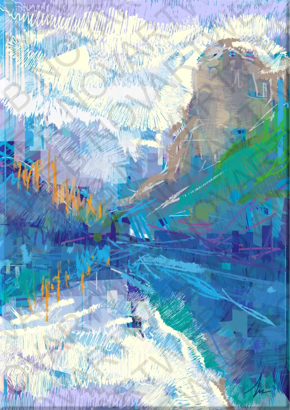 "AMANECER SERENO" immerses in an embrace of fascinating colors, evoking a deep serenity. The intuitive image unfolds in a unique pictorial language, where brushstrokes and shapes intertwine in a harmonious dance. Each fresh tone envelops us, taking us to a state of communion with the environment. The crystalline waters whisper with their enveloping murmur, while a creative vision unfolds before our eyes.