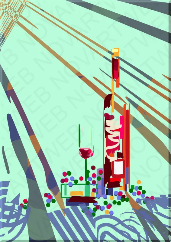 "AÑADA" fusiona abstracción y realidad para explorar el mundo del vino. En el centro, una botella y una copa se representan de forma no convencional, con tonos rojos y dorados en movimiento. Uvas coloridas contrastan con el fondo abstracto, mientras la luz y las sombras añaden profundidad.