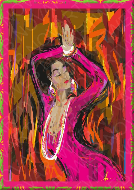 Peinture de danse flamenco, avec une femme en mouvement et les bras levés, exprimant la joie et la passion. Des tons expressifs qui émeuvent le spectateur. Espagne.