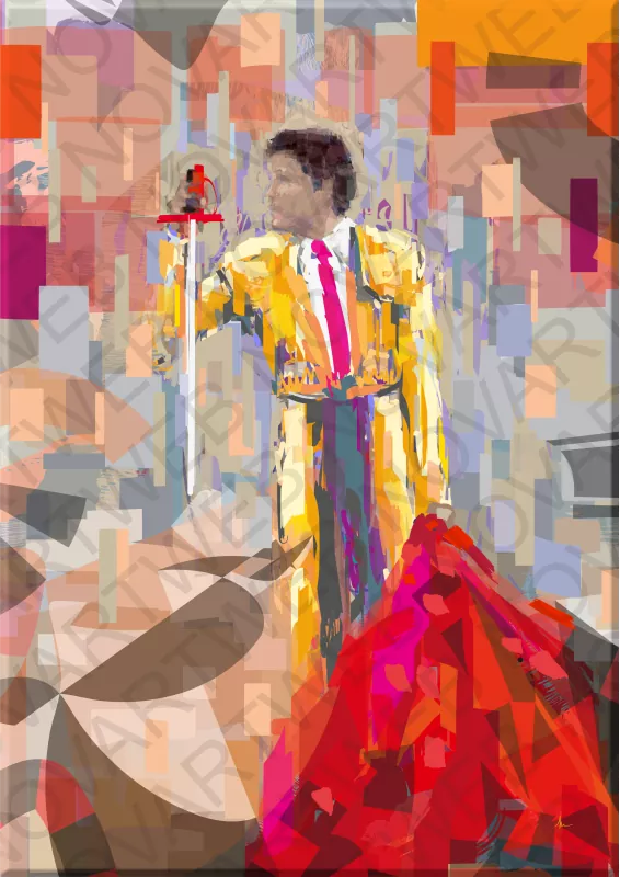 Peinture représentant un torero saluant le public d'une main ferme, reflétant l'art et la valeur culturelle de la tauromachie en Espagne. Elle capture l'habileté physique et la bravoure, rappelant la passion inspirée par ce sport et cette forme d'art à travers les siècles. Espagne.