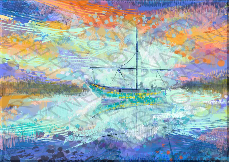Peinture d'un magnifique coucher de soleil avec un mélange de couleurs chaudes et froides, évoquant la tranquillité et la sérénité. Petit bateau flottant dans les eaux cristallines de la mer Méditerranée. Espagne.