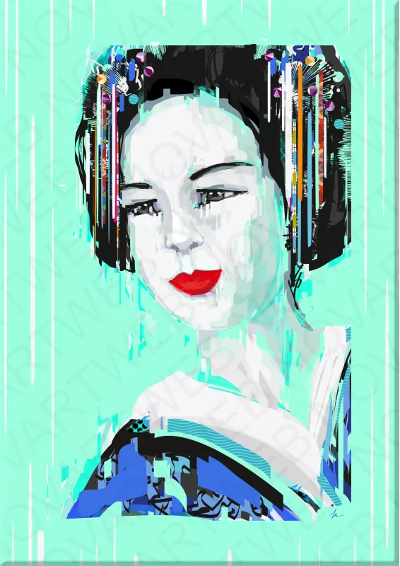 Retrato de una joven japonesa con colores frescos y luminosos. Los labios rojos de la modelo resaltan la intensidad y el contraste, haciendo de esta obra una experiencia visual bella.