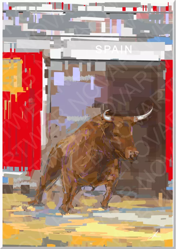 Sous le titre "BRAVURA", la scène devient un espace où la bravoure, l'agressivité et la détermination du taureau de combat atteignent leur apogée, capturant l'essence d'un animal qui défie tous ceux qui osent l'affronter. Le taureau de combat, symbole de force et de courage, apparaît comme le protagoniste indomptable de cette œuvre.