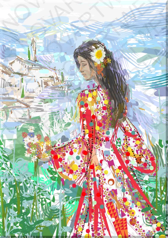 "ANDALUSIAN BRIGHTNESS" montre une jeune femme en harmonie avec la nature qui l'entoure. Le contraste entre le vert luxuriant de l'environnement et le rouge de sa robe met en valeur la silhouette féminine alors qu'elle cueille des fleurs dans les champs par une radieuse journée ensoleillée en Andalousie.