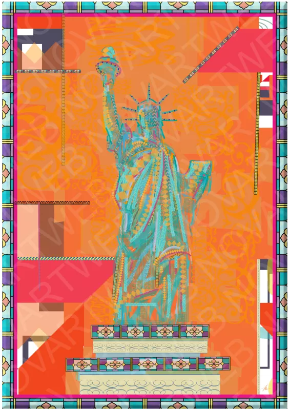  UNE LIBERTÉ CHALEUREUSE". Une interprétation abstraite de la Statue de la Liberté émerge de manière unique, se mêlant à une expression artistique qui va au-delà de son contour reconnaissable. Ce dessin transmet l'essence de la liberté, encapsulée dans une gamme d'émotions vibrantes et de luminosité captivante.