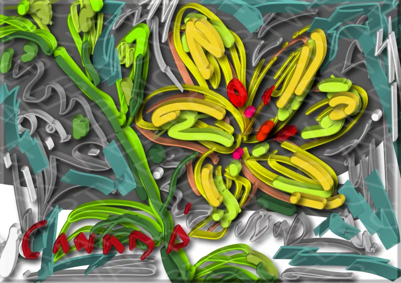 "CANADA IN BLOOM" represents the lily of the meadow in full bloom, with shades of green intertwined with gray, highlighting in red the pistils and the letters "Canada". This work offers a dynamic play of movement, form and color, adding a contemporary touch thanks to its volume.