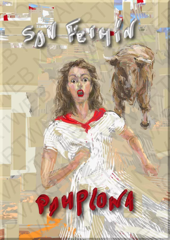 "DESPERATE RACE" exprime une course pleine de peur et d'adrénaline, avec une femme paniquée faisant face à un taureau enragé lors de la course de taureaux à San Fermín en Espagne. Son visage reflète une expressivité intense, tandis que l'environnement en mouvement ajoute à la passion. Vêtue de blanc et d'une écharpe rouge, elle met en valeur ces célèbres festivités de Pampelune.