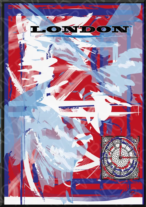 «CARTEL BIG BEN» con pinceladas irregulares y colores icónicos de la bandera del Reino Unido, crea una danza caótica de formas. Reino Unido.