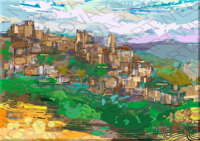 CASTELLÓN (VILAFAMÉS)" nous emmène dans un petit village de l'intérieur de la province de Castellón, en Espagne. La verdure intense de la végétation, l'horizon qui se perd au loin et le ciel d'un bleu profond créent un sentiment d'équilibre. La lumière du soleil semble avoir été piégée et capturée dans chaque recoin de ce paysage.