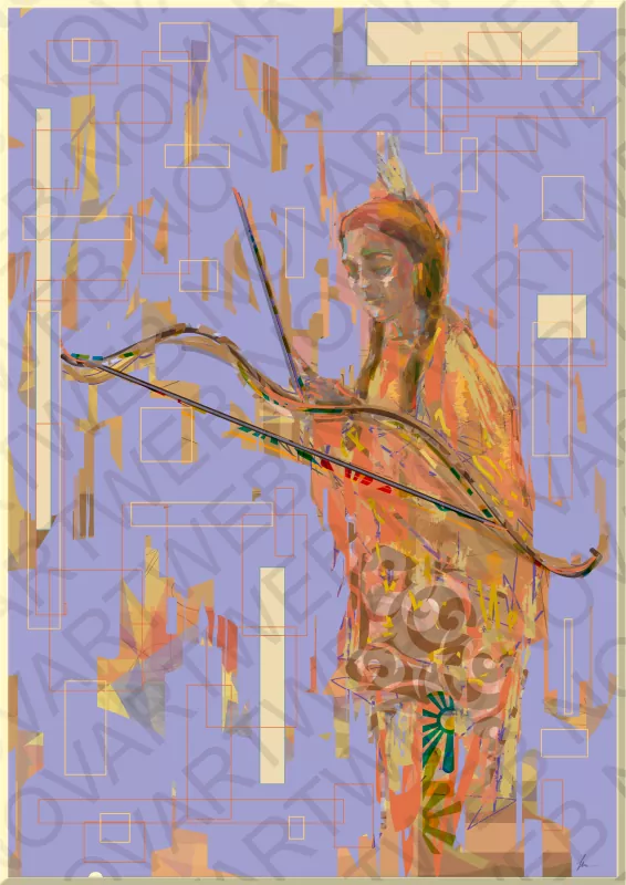 L'œuvre "INDIGENOUS HUNTER" présente une figure féminine fusionnée avec un arrière-plan abstrait, traduisant un lien intime et profond avec la terre. La protagoniste, qui tient un arc et des flèches, témoigne de son respect pour les techniques de chasse durables.
