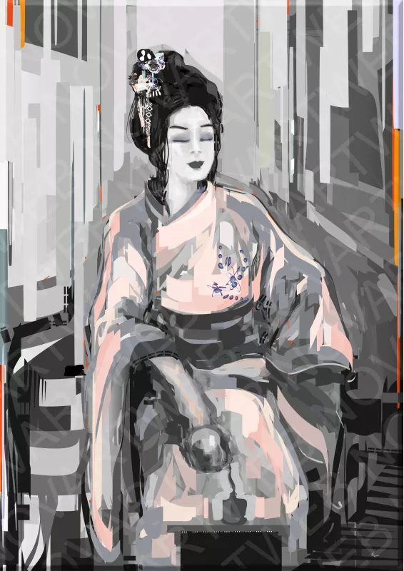«CEREMONIA DEL TÉ»: Ritual cultural japonés. La técnica en gama de grises añade tranquilidad y sobriedad a la obra. La imagen muestra delicadeza en los rasgos y elegancia en la postura. La composición minimalista transmite serenidad y equilibrio.