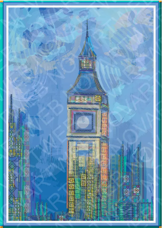 "CICLO AZUL" en la armonía del anochecer londinense. Esta conmovedora creación da vida a un Big Ben reinventado, una icónica torre que se sumerge en nuevos matices. Las agujas del tiempo entrelazan sus líneas con una paleta de emociones, fusionando tonos melancólicos de azul con destellos esperanzadores. Cada trazo de esta obra busca capturar la esencia de una mirada emotiva, transportándote a través del tiempo mientras reflexionas sobre el pasado y vislumbras el futuro.