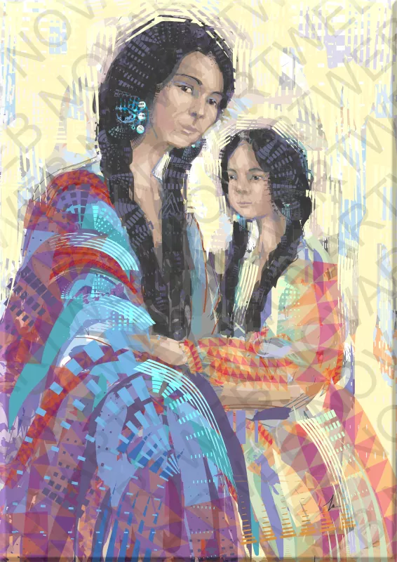 "CONFIDENCIES" visualizes a mother and daughter almost embracing, creating a deep dialogue between them. Beyond the biological relationship, these conversations transcend, sharing experiences, values and dreams, thus building a unique and special bond between them. Both are dressed in Canadian tribal garb, reviving the connection to the land they share.
