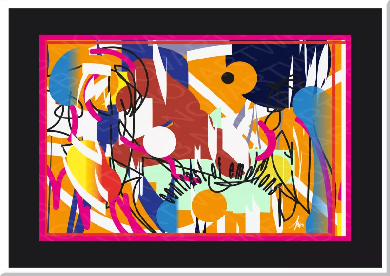 «CONTRAST OF EMOTIONS (1)»: Dos piezas abstractas yuxtapuestas que crean un diálogo visual. La primera obra transmite un desorden ordenado con paleta de colores oscuros, apreciando la belleza en la armonía del desorden.