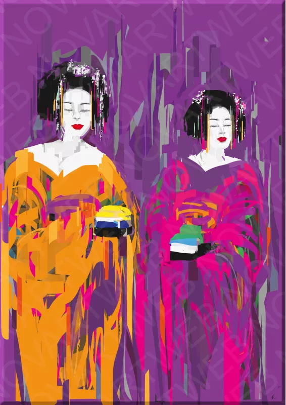 «CULTURA JAPONESA»: Dos geishas en kimonos de colores vivos y detalles ornamentales típicos. La mezcla suave y sutil de tonos amarillos, naranjas y morados crea una composición equilibrada y armoniosa que refleja la rica cultura de Japón.