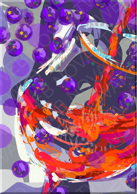 "DECANTACIÓN" refleja la fusión de caos y orden en un flujo dinámico, visualizando el proceso de decantación del vino. Una copa simbólica, delineada con trazos curvilíneos y colores ardientes como rojos y violetas, sugiere el movimiento del líquido durante la decantación.
