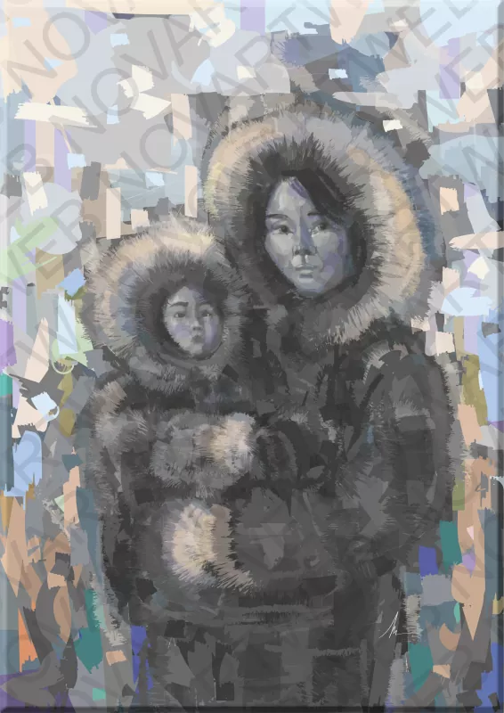 "DEFYING THE COLD" portrays an indigenous Inuit mother holding her baby, braving the cold of the Canadian winter. The abstract background reflects the frigid atmosphere, while the soft shapes and hues convey the harshness of the winters they face.