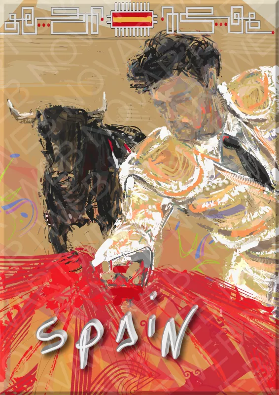 "DESAFÍO TAURINO" représente l'habileté du torero à défier le taureau, en lui tournant le dos tout en agitant sa cape dans le vent pour attirer son attention. Les couleurs ocre de l'environnement se mêlent au rouge de la cape, tandis que le noir imposant du taureau ressort de cette œuvre figurative.